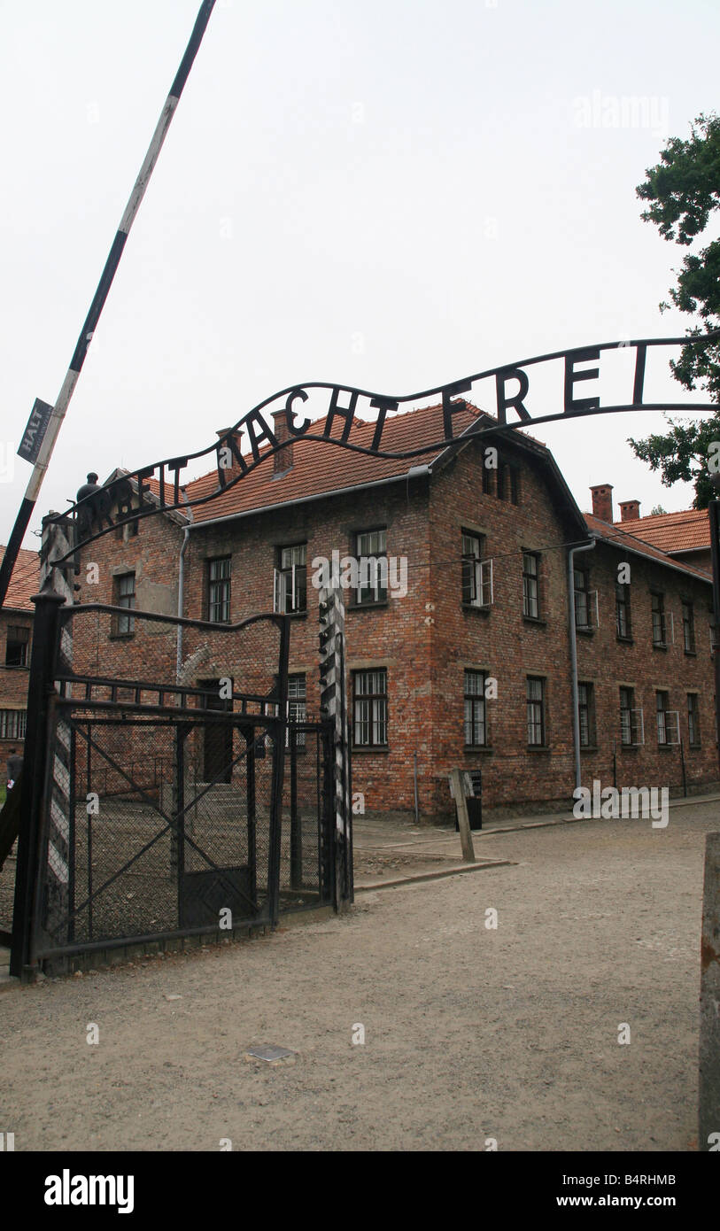 The poignant infamous arches at Auschwitz Stock Photo