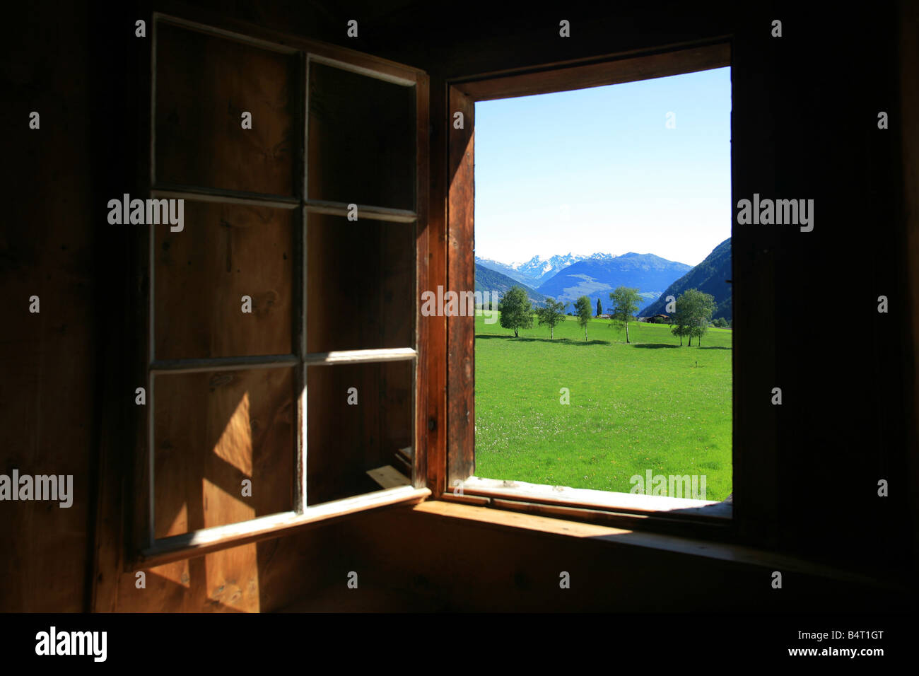 Look out a window  St Johann Mustair monastery  Mustair  Val Monastero  Bassa Engadina  Switzerland  Europe Stock Photo