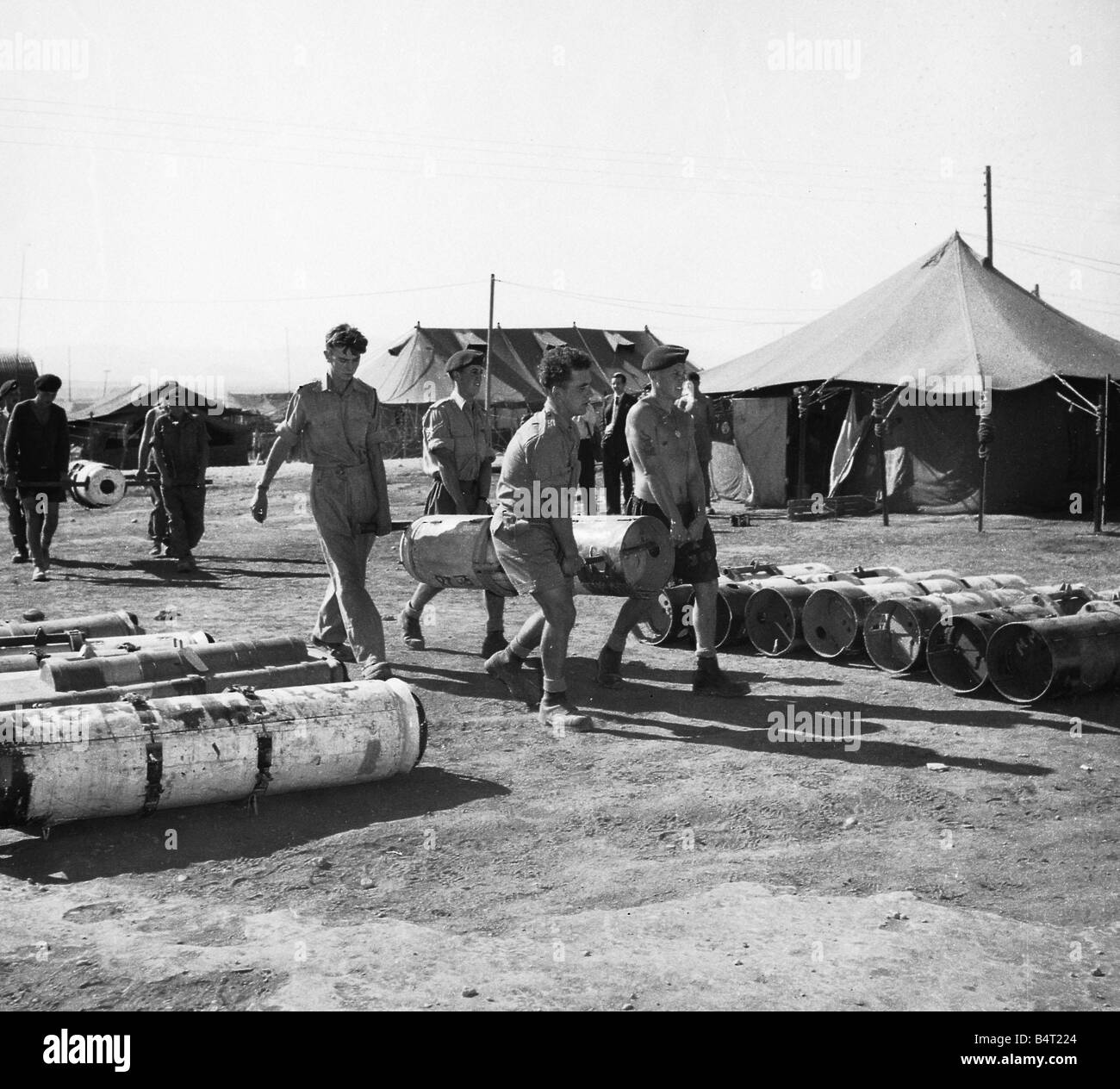 Suez Crisis 1956 British Paratroopers in Cyprus loading canisters with equipment to be dropped by aircraft The day after these pictures were taken the British launched their airbourne attack on sites near the Suez Canal Stock Photo