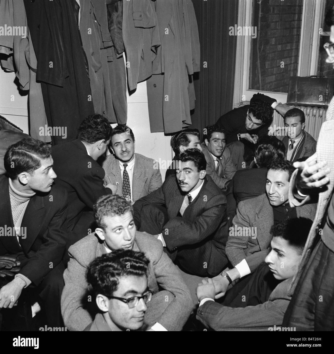 Suez Crisis 1956 Arab students stage sit down protest at the Iraq Embassy at Queens Gate in London They are angry at Iraq s failure to stop oil supplies to Britain and their refusal to give military aid to Egypt Stock Photo