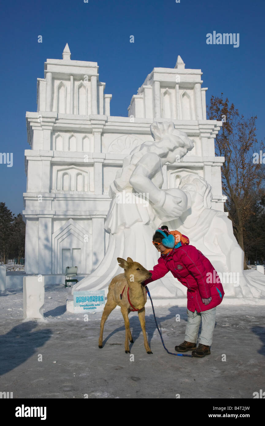 China, Heilongjiang, Harbin, Ice and Snow Festival, Notre Dame Cathedral made of snow Stock Photo