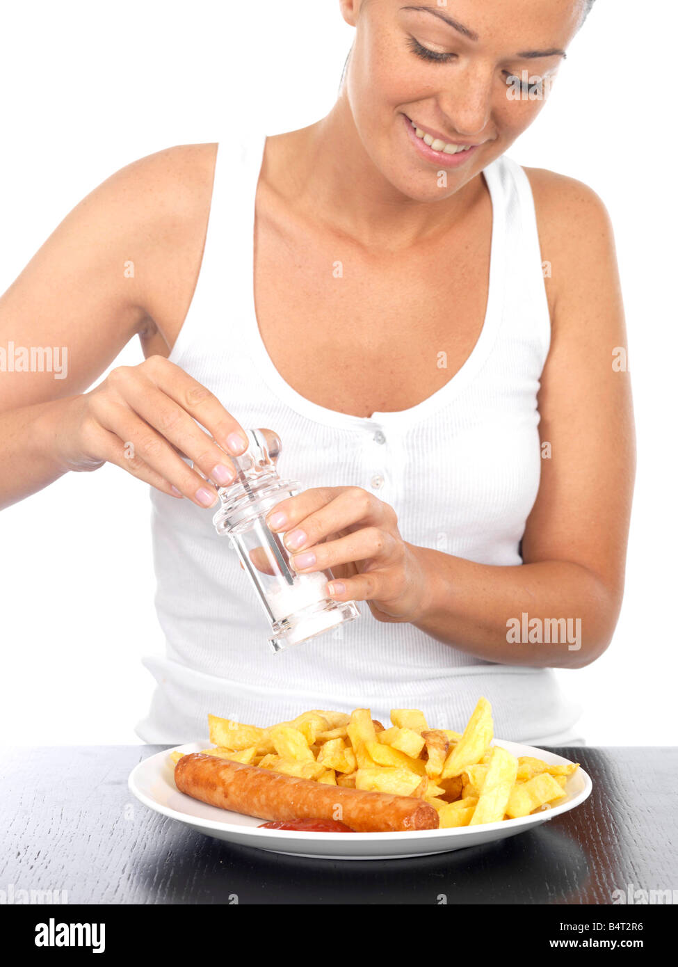 Young Woman with Sausage and Chips Model Released Stock Photo