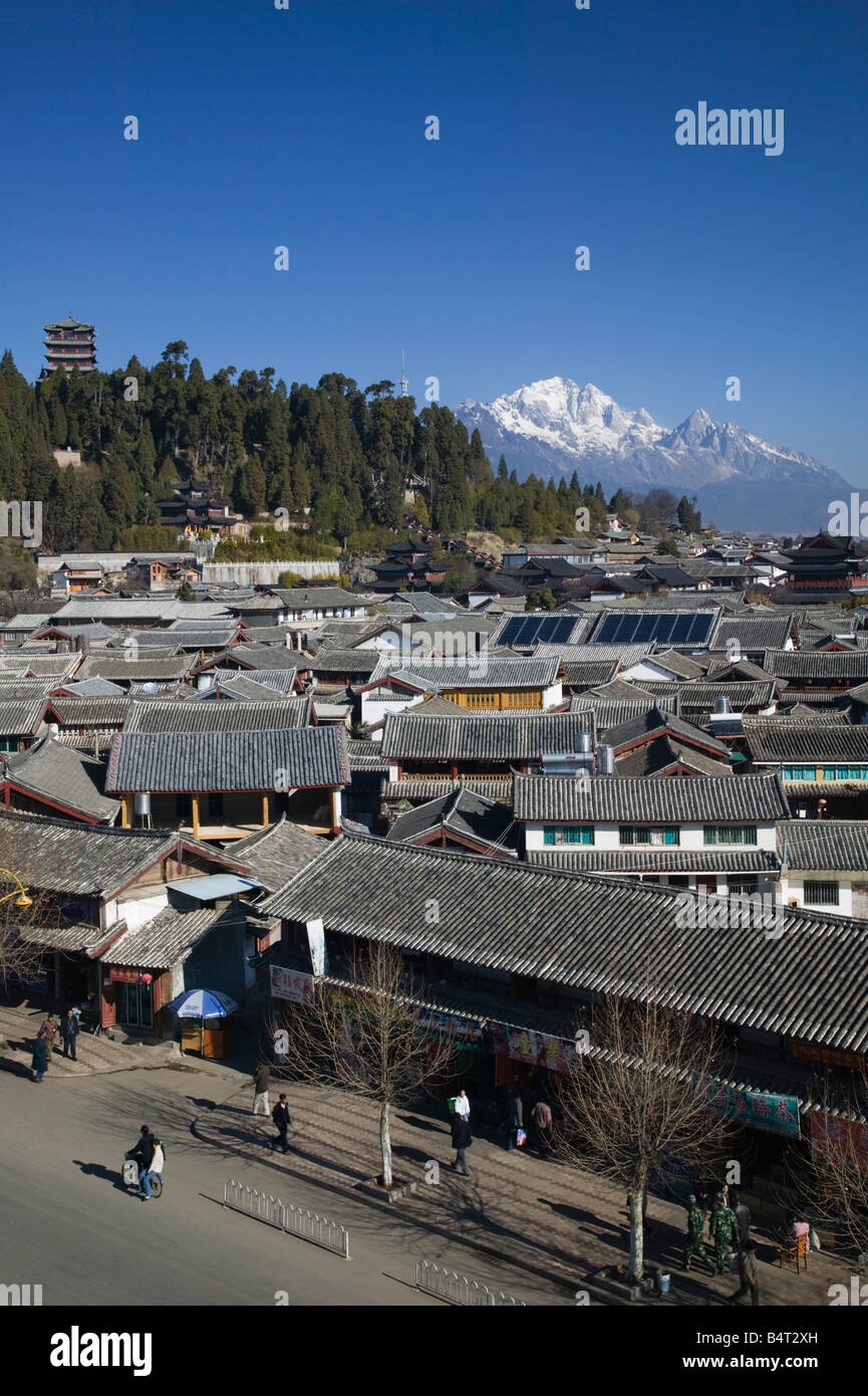 China, Yunnan Province, Lijiang, Old Town, Rooftops and Jade Dragon ...