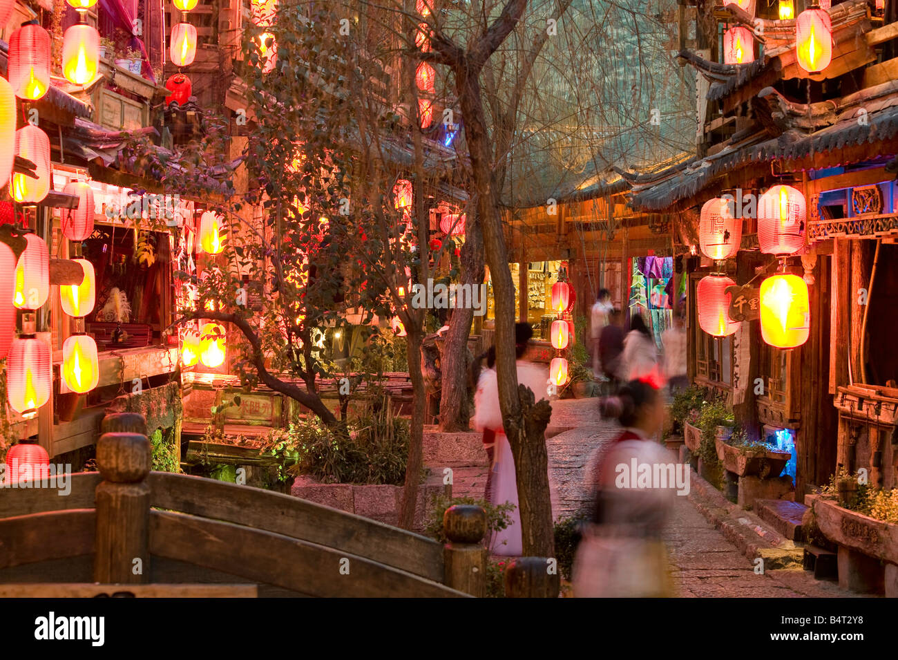China, Yunnan Province, Lijiang, Old Town, Xinhua Jie restaurant street, red lanterns Stock Photo