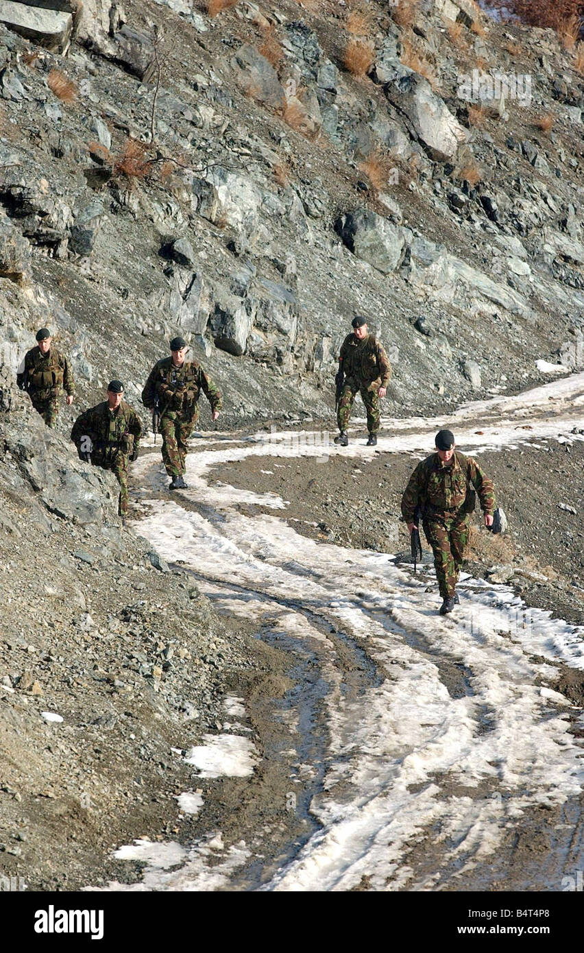 On Patrol with C squadron of the The Queens Royal Hussars Pictured are soldiers patroling the remote village of Zitinji Kosovo near the serbian border 2nd troop C squadron make their way up a mountain pass Stock Photo