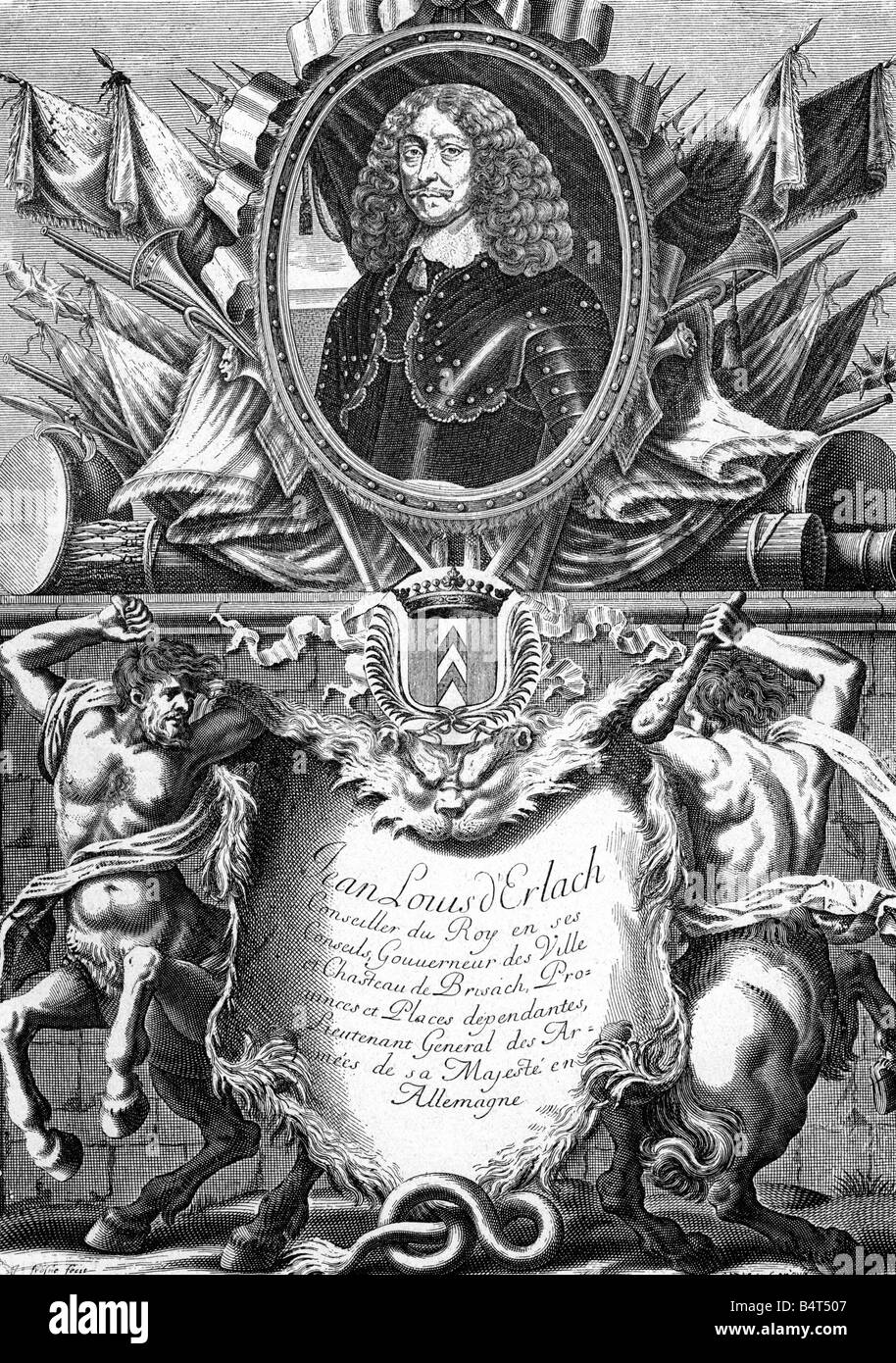 Erlach, Johann Ludwig, 1595 - 26.1.1650, Swiss general, portrait with allegorical border, wood engraving after copper engraving from the 17th century, Artist's Copyright has not to be cleared Stock Photo