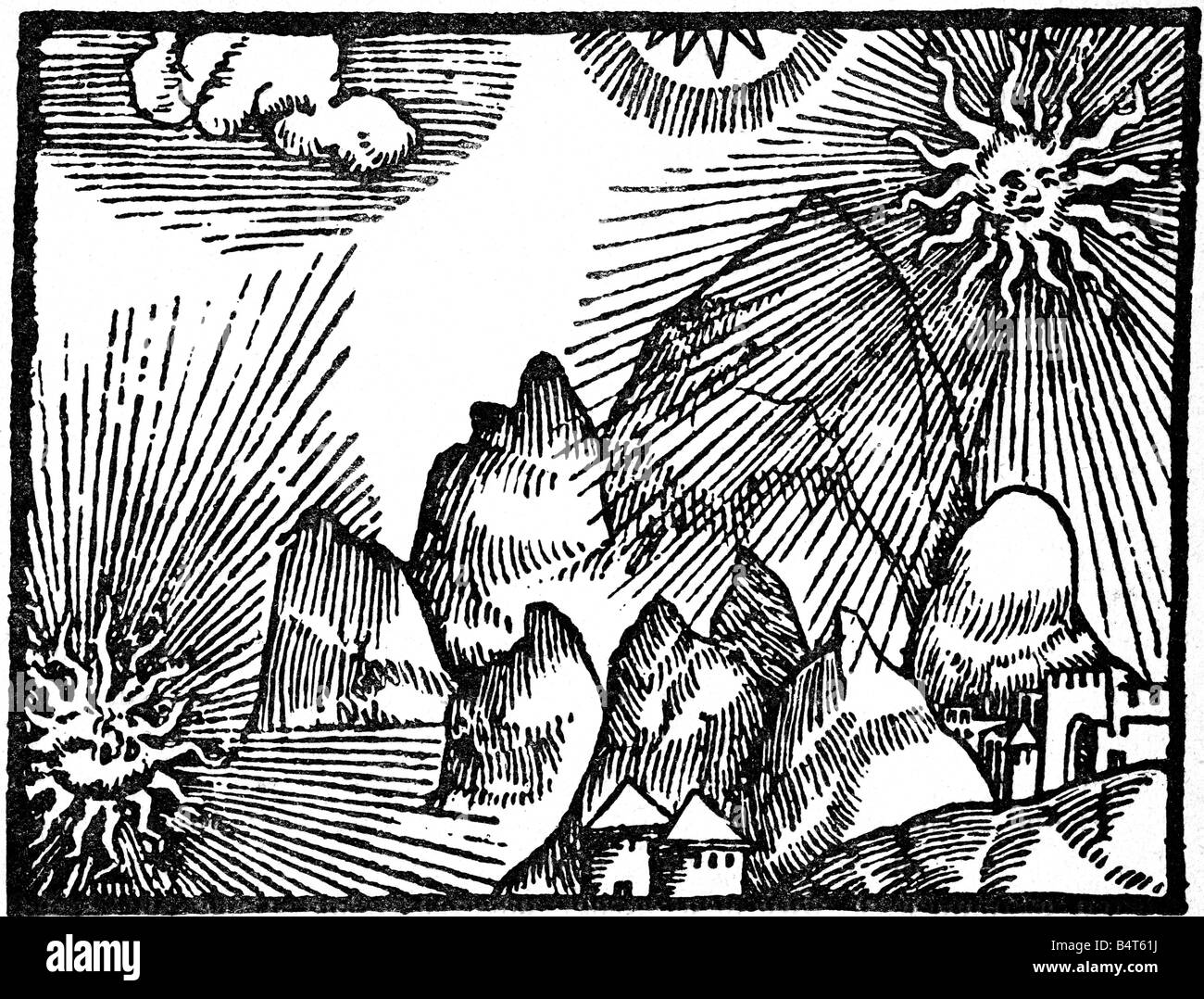 astronomy, sun, at noon and midnight, woodcut, 'Historia de Gentibus Septentrionalibus' by Olaus Magnus, 1555, German edition, 1567, , Stock Photo