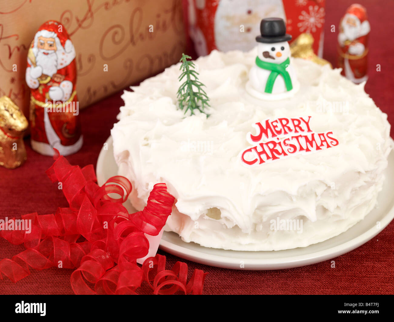 Fresh Festive Rich Fruit Decorated And Iced Christmas Cake Isolated With No People Stock Photo