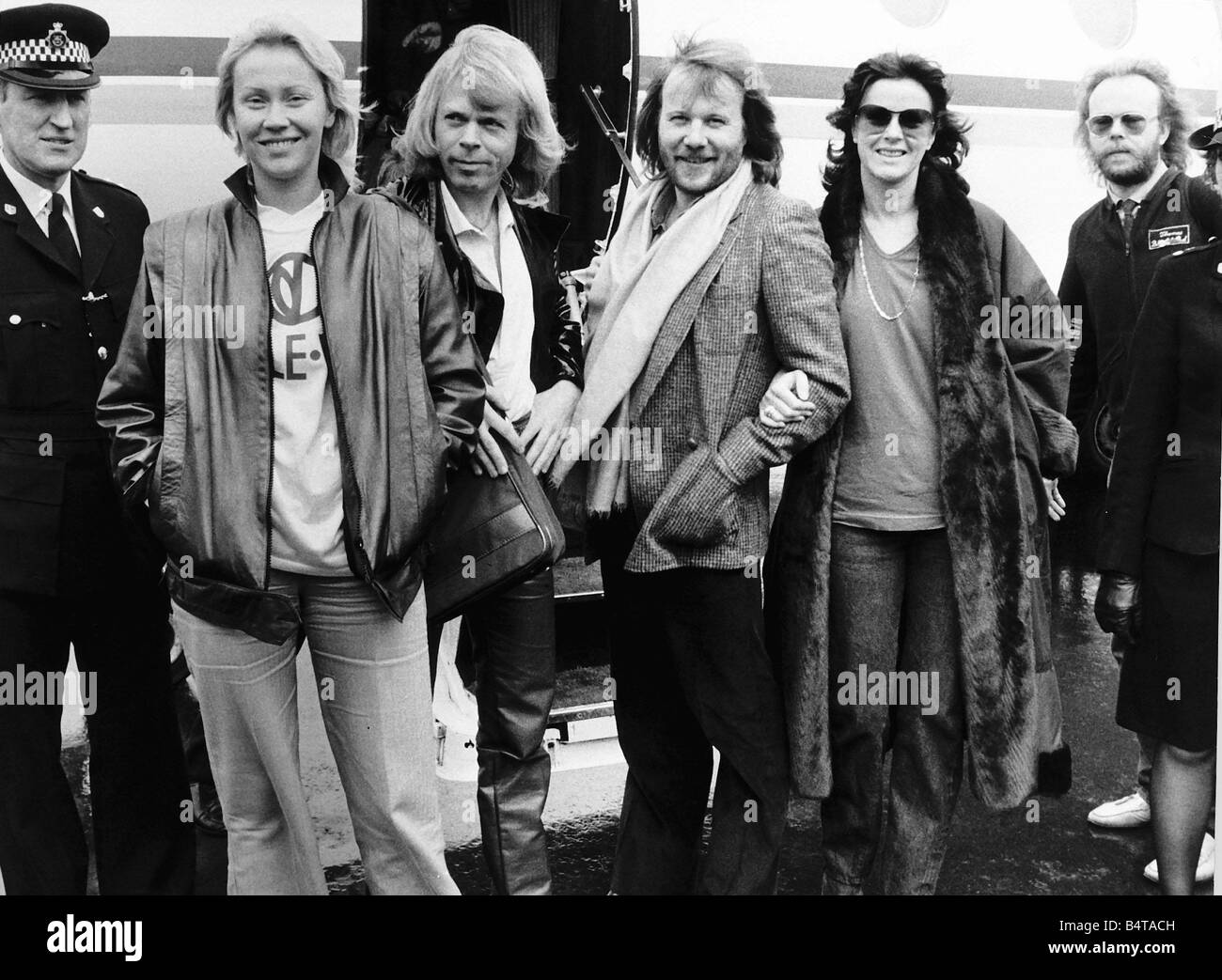 Swedish pop group Abba Arrive at Gatwick airport November 1979 Stock
