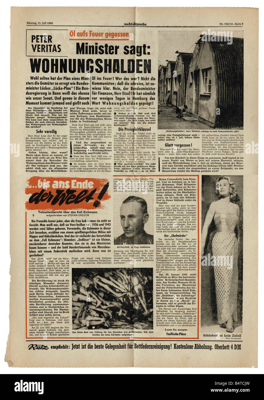 press/media, magazines, 'Nacht-Depesche', Hamburg, number 159, Monday 11.7.1960, article, plan on solving the housing problem, , Stock Photo