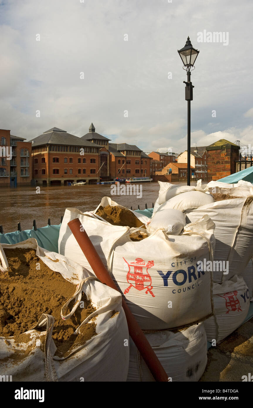 Large sandbags near River Ouse in flood floods flooding York North