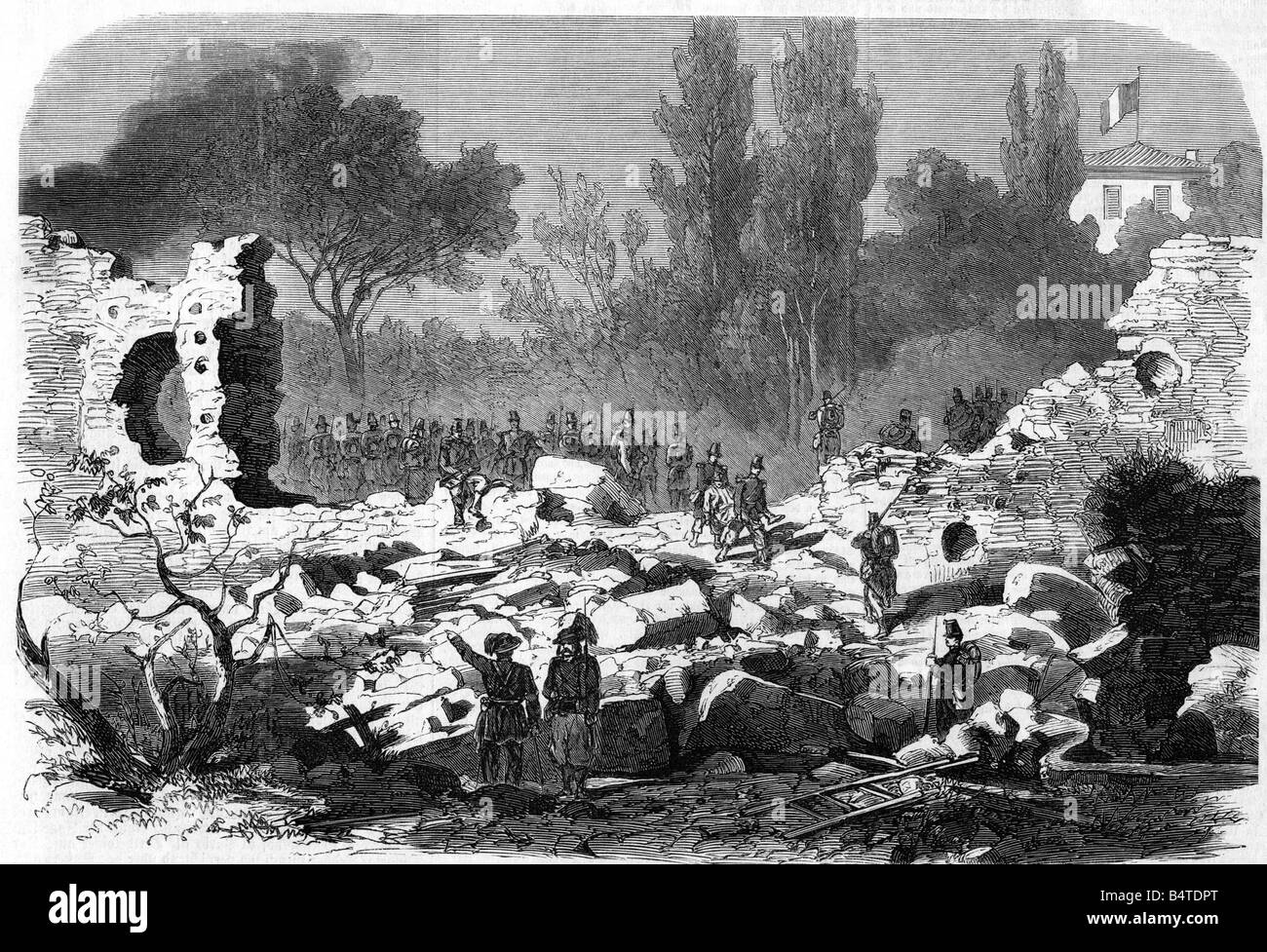 geography / travel, Italy, politics, Roman Question, breach in the wall of Villa Buonaparte after being stormed by Italian troops 20.9.1870, wood engraving, 'Illustrierte Zeitung', Leipzig, 5.11.1870, , Stock Photo