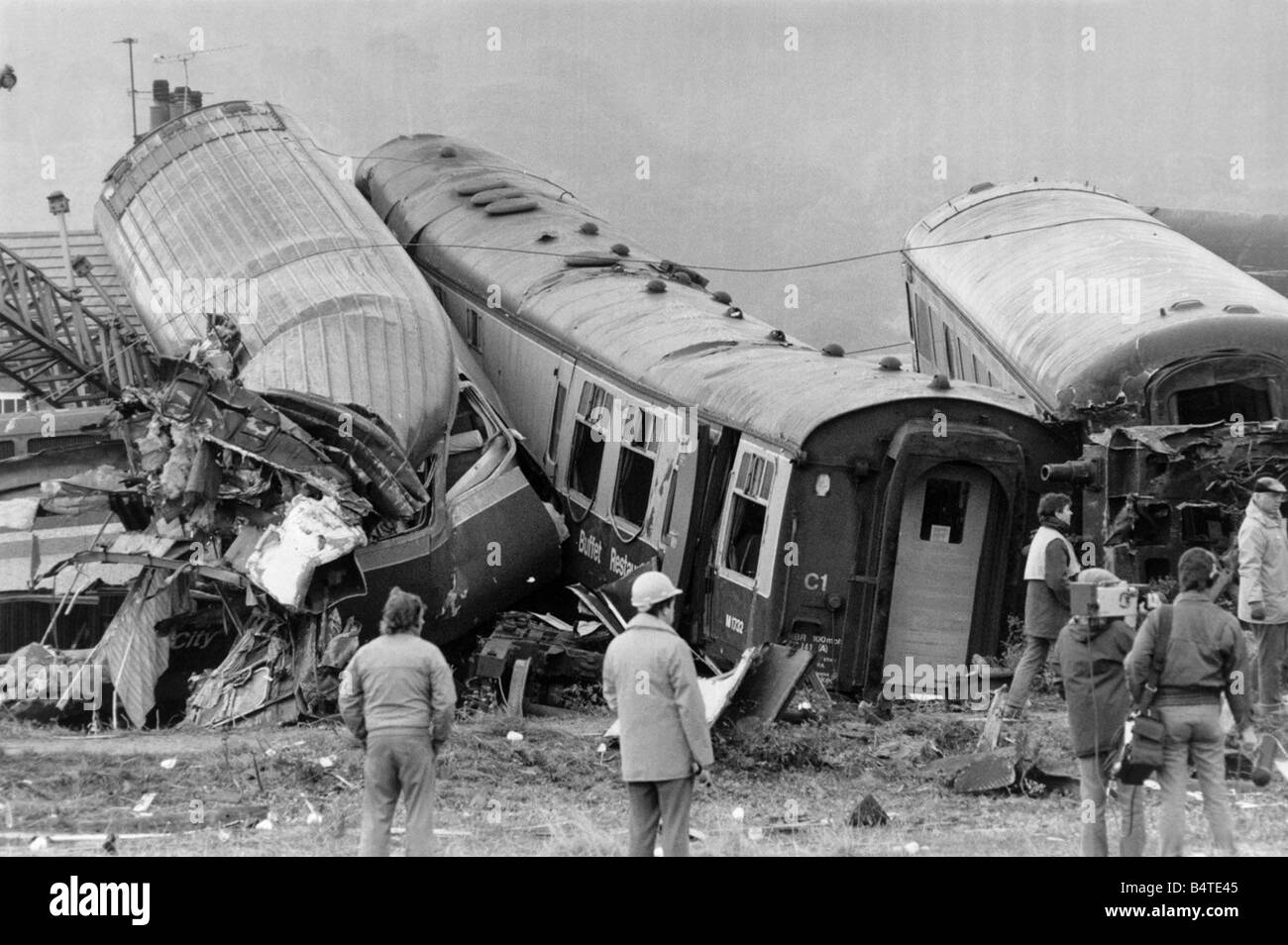 Several carriages derailed when the crowded Inter City services crashed at Colwich Junction near Rugeley Two passenger trains collided in Staffordshire killing one person and injuring almost 100 more The injured were taken to the nearby Stafford General Hospital One of the trains was travelling from London to Manchester and the other from Liverpool to London both were packed with people going away for the weekend A British Rail spokesman at the time said the expresses would have been moving very fast between stations Stock Photo