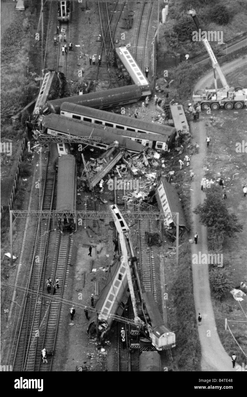 Colwich Junction Rail Crash the wreckage from the air September 1986 Several carriages derailed when the crowded Inter City services crashed at Colwich Junction near Rugeley Two passenger trains collided in Staffordshire killing one person and injuring almost 100 more The injured were taken to the nearby Stafford General Hospital One of the trains was travelling from London to Manchester and the other from Liverpool to London both were packed with people going away for the weekend A British Rail spokesman at the time said the expresses would have been moving very fast between stations Stock Photo