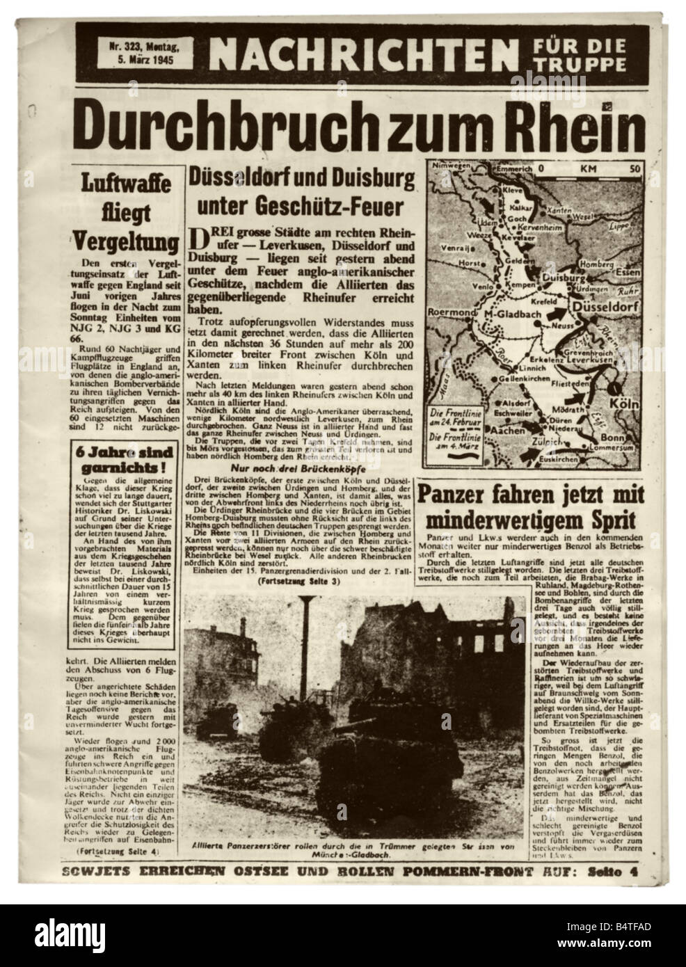 press/media, magazines, 'Nachrichten für die Truppe', number 323, Monday 5.3.1945, title, allied forces marching towards river Rhine , , Stock Photo