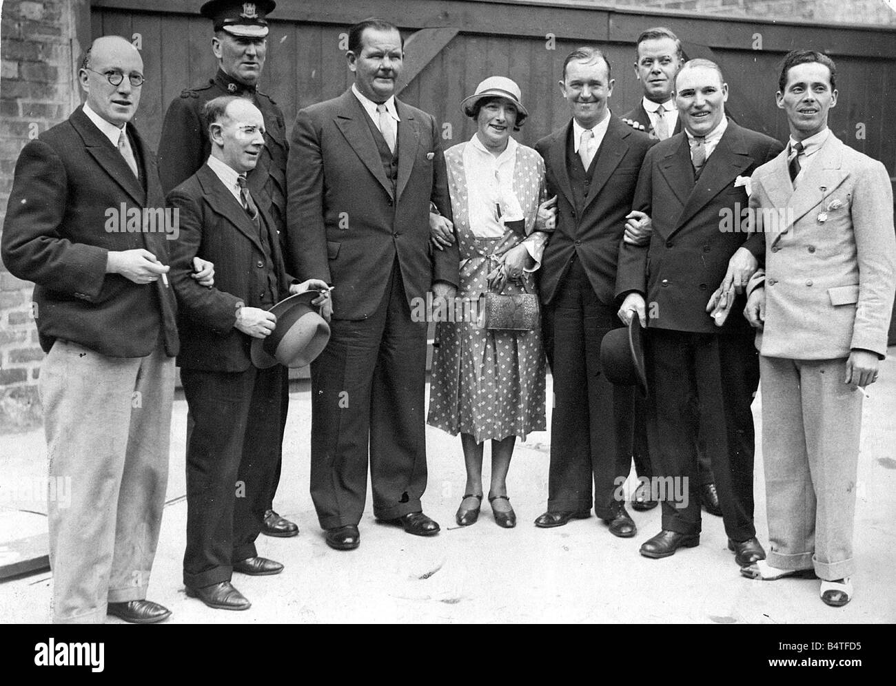 Laurel Hardy Comedy duo Stan Laurel and Oliver Hardy Stan Laurel among friends he knew as a boy at North Shields in the years before he went to Hollywood to become a film star Hardy Laurel s screen partner is also in this picture Stock Photo