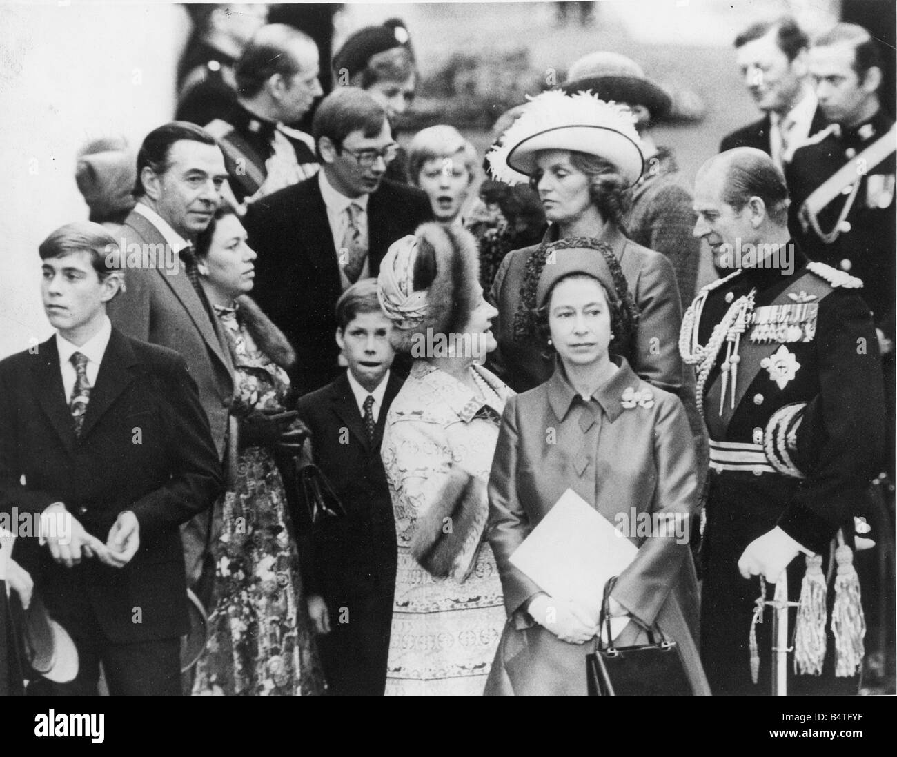 The wedding of Princess Anne and Capt Mark Phillips at Westinster Abbey 14 November 1973 The Royal Family relax and talk to each other after the ceremony Stock Photo