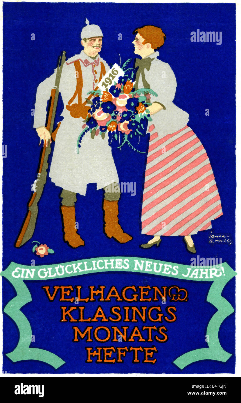 events, First World War / WWI, military postcards, 'Ein glueckliches neues Jahr!' (A happy new year!), new year card, by Velhagen and Klasing, Munich, Germany, 1915, Stock Photo