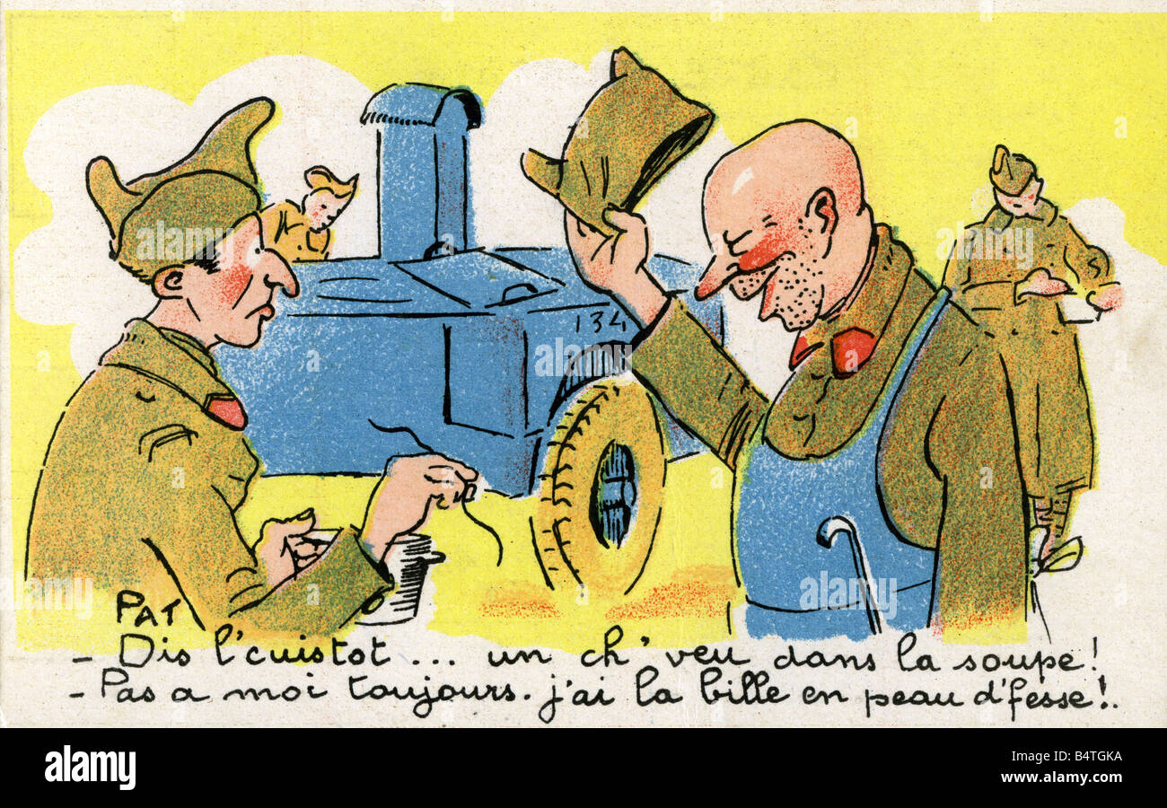 military, France, caricatures of soldiers, hair in the soup, postcard, serial No. Humo 720, 1930s, Stock Photo