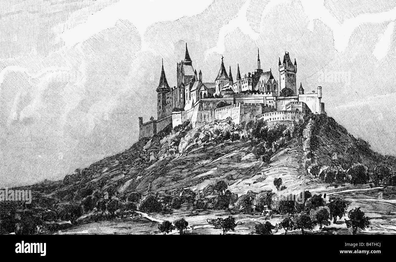 architecture, castles, Germany, Baden-Wuerttemberg, Hohenzollern Castle, built 1850 - 1867, architect: Friedrich August Stueler, wood engraving, circa 1870, Gothik Revival, 19th century, historic, historical, Baden-Wurttemberg, Baden - Wuerttemberg, Wurttemberg, Stuler, Stüler, Baden-Württemberg, Württemberg, Stock Photo