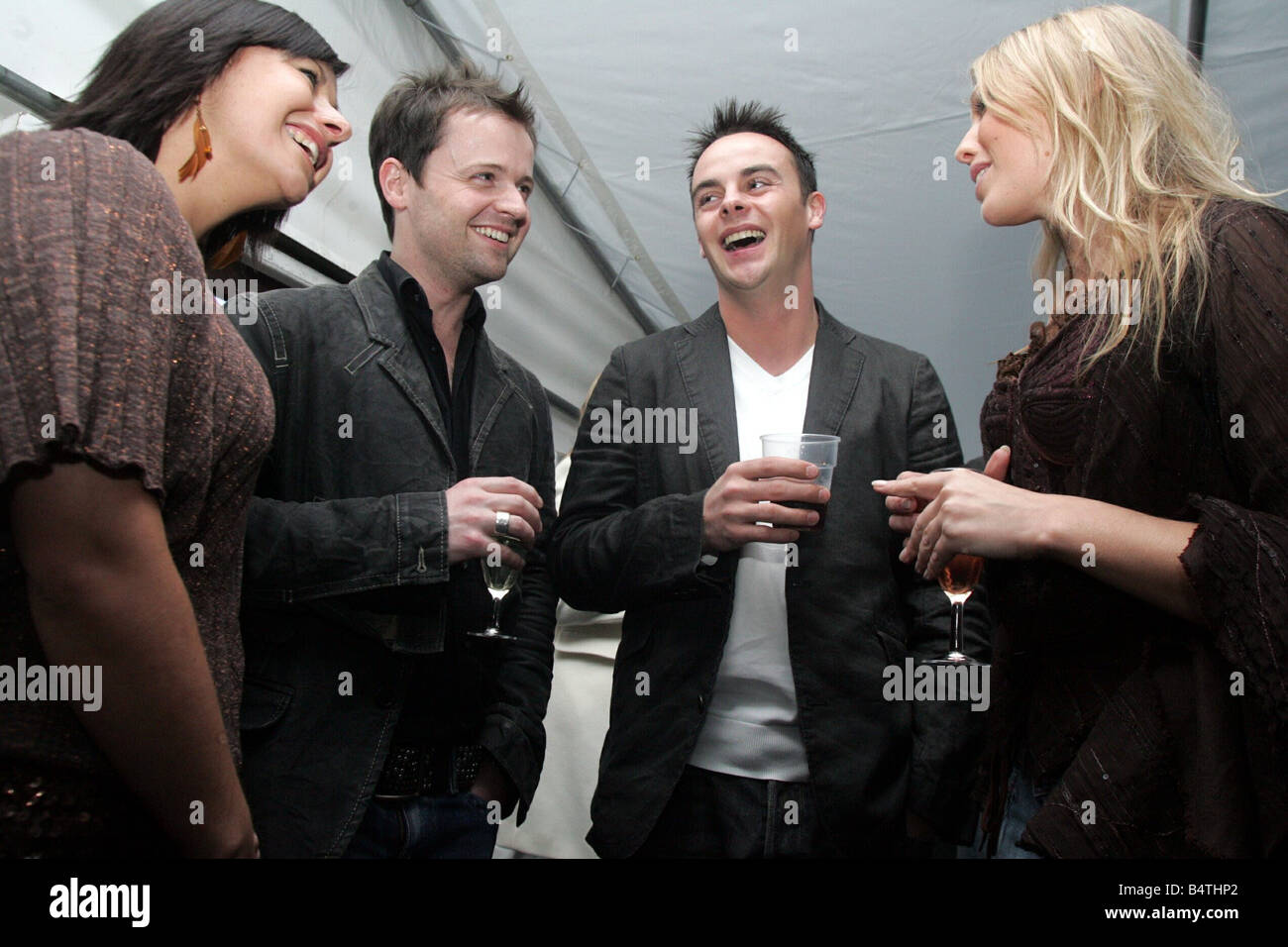 North East TV stars Ant Dec Ant McPartlin and Declan Donnelly pictured at the launch of Dream Studios recording and rehearsal facilities part of NE3 entertainment production company on Shields Road in Gateshead Pictured chatting at the event are Haley Tavmadden left Delia Dingle from Emmerdale and Christine Walton joint founder of the venue Stock Photo