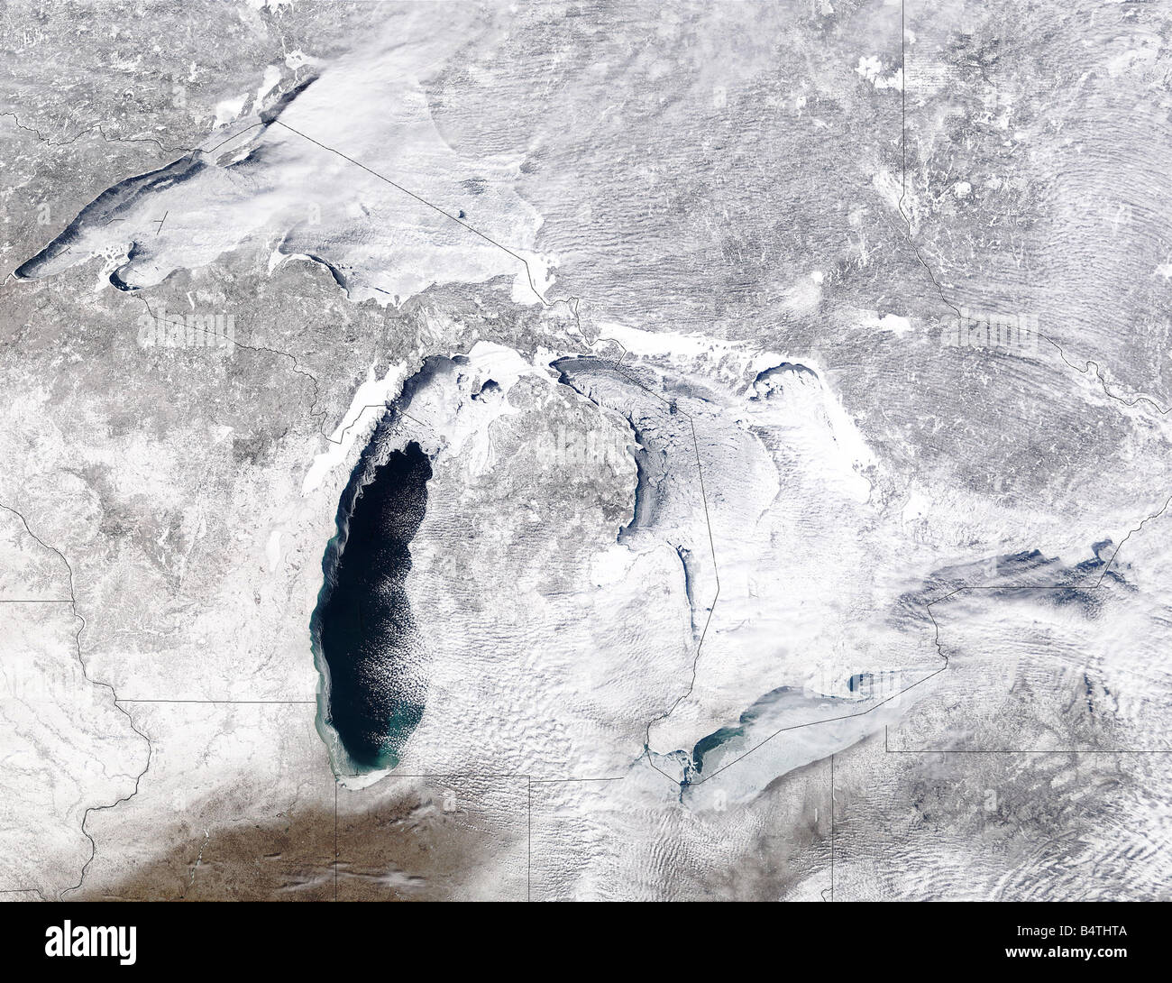 Satellite view of Great Lakes, USA Winter Stock Photo