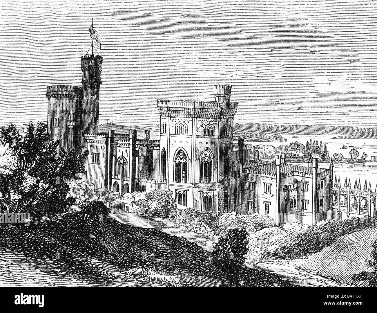geography / travel, Germany, Potsdam, Babelsberg Castle, built 1835 - 1849 by Karl Friedrich Schinkel, Ludwig Persius and Johann Heinrich Strack, exterior view, wood engraving, circa 1870, Stock Photo