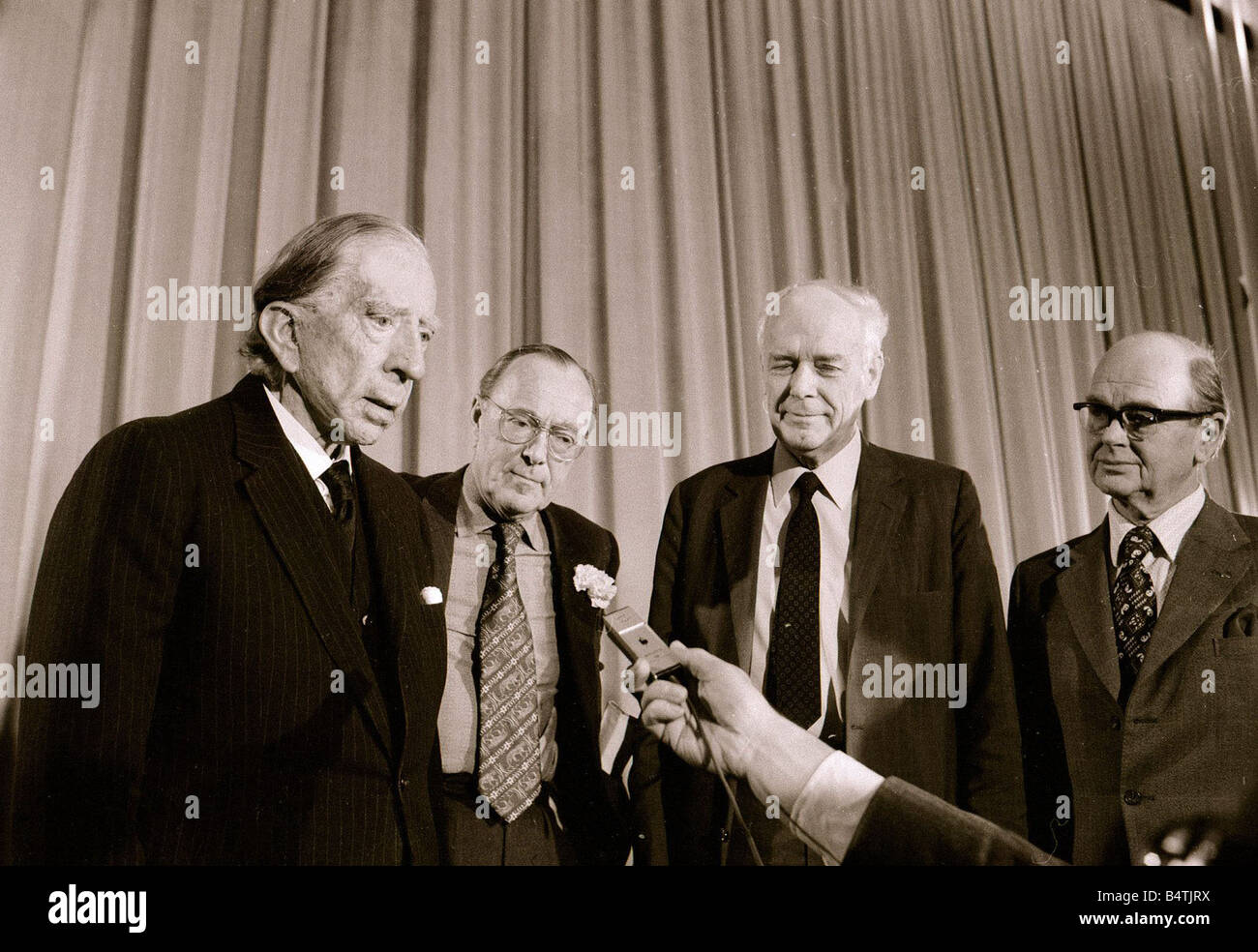John Paul Getty Oil Billionaire gives 20 000 to the world wildlife fund seen here with Prince Bernhard and General Charles Lindbergh and mr Peter Scott at the Launch at the US embassy in London Businessman Tycoon John Paul Getty looking old and frail February 1974 Mirrorpix com Stock Photo