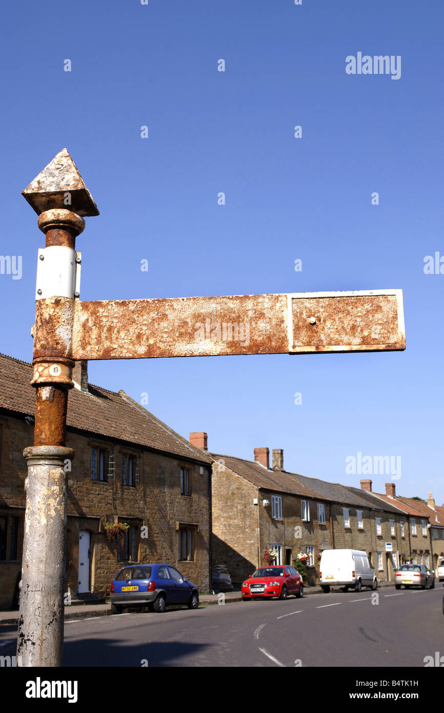 A blank signpost in Montacute village blanked out during ww2 to confuse the enemy Stock Photo
