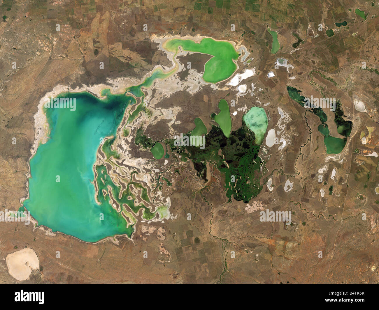 Satellite View of Lakes Tengiz, Korgaljinski, and Kourgaldzhin, Kazakhstan Stock Photo