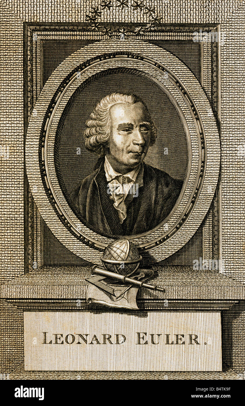 Euler, Leonhard, 15.4.1707 - 7.9.1783, Swiss mathematician, physicist, portrait, copper engraving, by Thomas Cook, based on a painting by Emanuel Handmann (1718 - 1781), London, England, 1787, , Artist's Copyright has not to be cleared Stock Photo