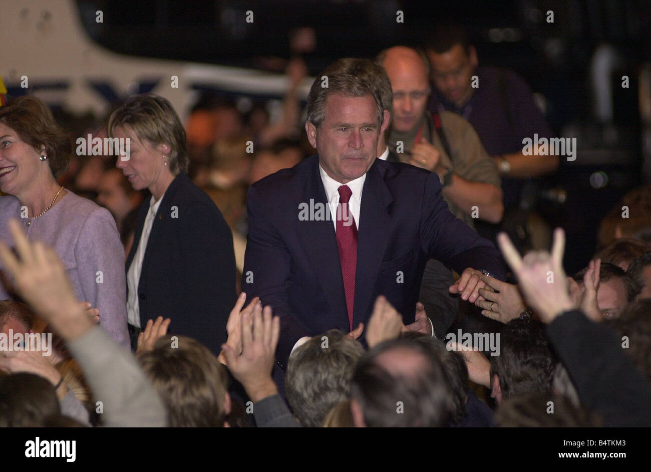 A Stars and Stripes ticker tape style welcome home in Austin Texas for Presidential candidate George Bush and wife Laura as the Stock Photo