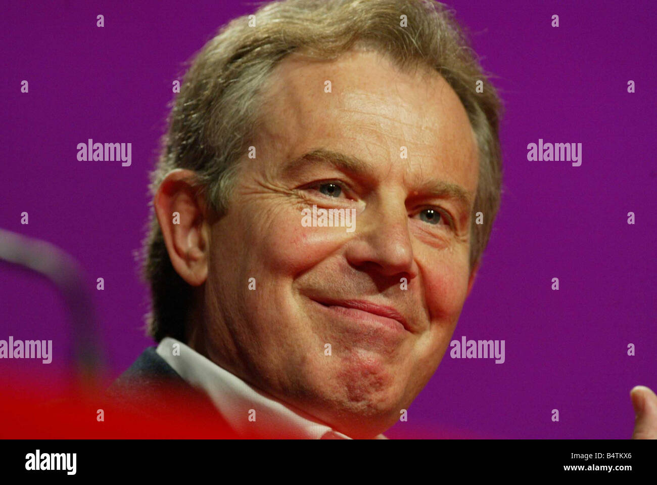 Prime Minister Tony Blair and Chancellor Gordon Brown at a Labour Party rally at the Old Vic theatre in London on 24th April 2005 The conference was addressed by former U S President Bill Clinton via a link from the USA 2000s mirrorpix Stock Photo