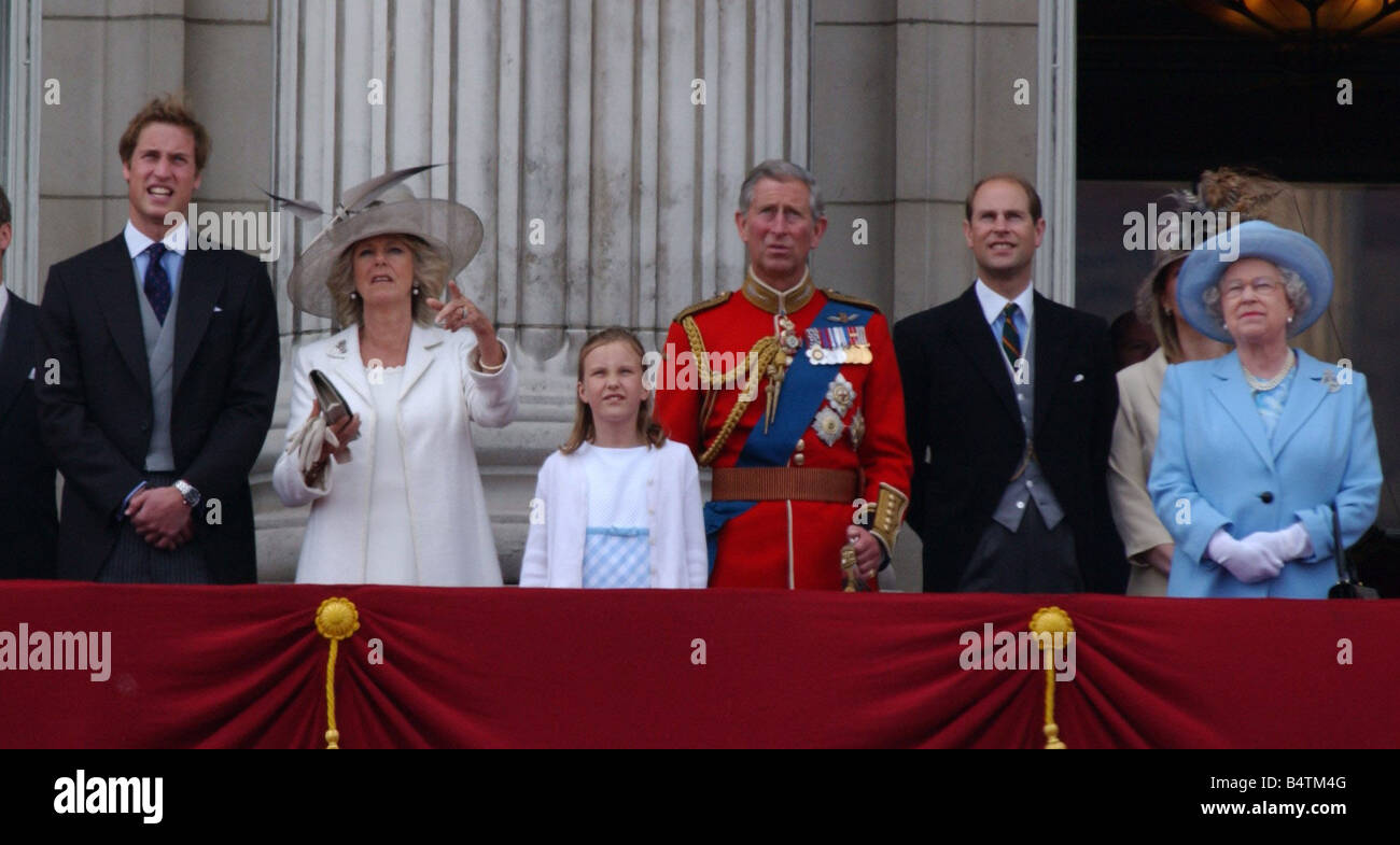 Trooping of the colour June 2005 L R Prince William of Wales Camilla Duchess of Cornwall Ella aged 9 Daughter of Lord Ivar Mountbatten Prince Charles Prince of Wales wearing red military uniform Prince Edward and his wife Sophie previously Rhys Jones obscured by the Queen HRH Queen Elizabeth II wearing matching turquoise hat and suit with white gloves 2000s mirrorpix Stock Photo