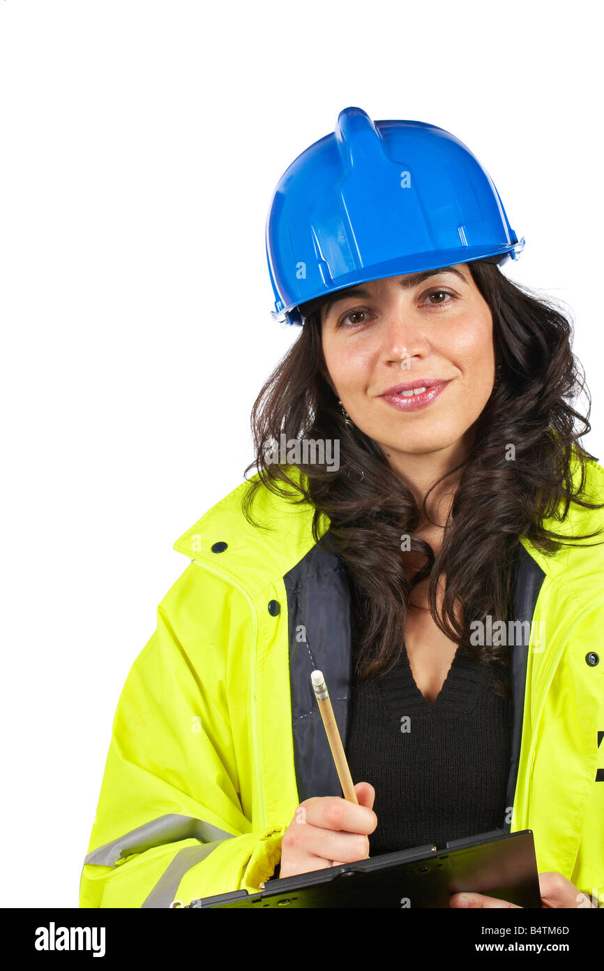 Female construction worker portrait over a white background Stock Photo ...