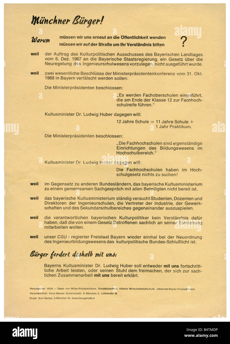 geography / travel, Germany, politics, student movement 1960s, flyer, call for reform of engineering course of studies, published by General Studying Committe Oskar - von - Miller - poltechnic school, Munich, 13.12.1968, , Stock Photo