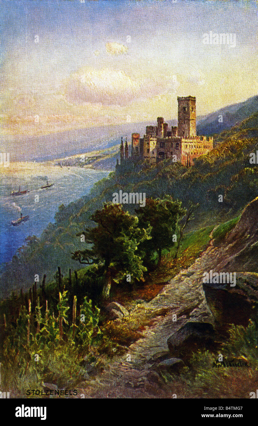 architectur, castles, Germany, Rhineland-Palatinate, Stolzenfels Castle, exterior view, postcard after painting by Nikolai von Astudin (1847 - 1925), Hoursch and Bechstedt publisher, Cologne, 1920/1930, Stock Photo