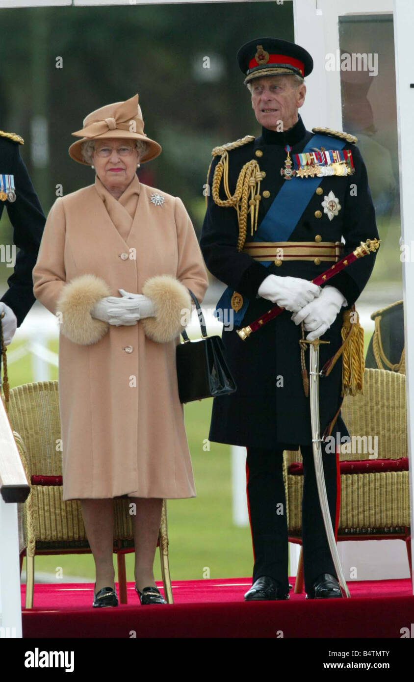 Queen Elizabeth II and the Duke of Edinburgh reviews The Sovereign s Parade at the Royal Military Academy at Sandhurst in Surrey One of their grandsons Prince Harry was one of 220 cadets passing out and receiving their commissions into the British Army Stock Photo