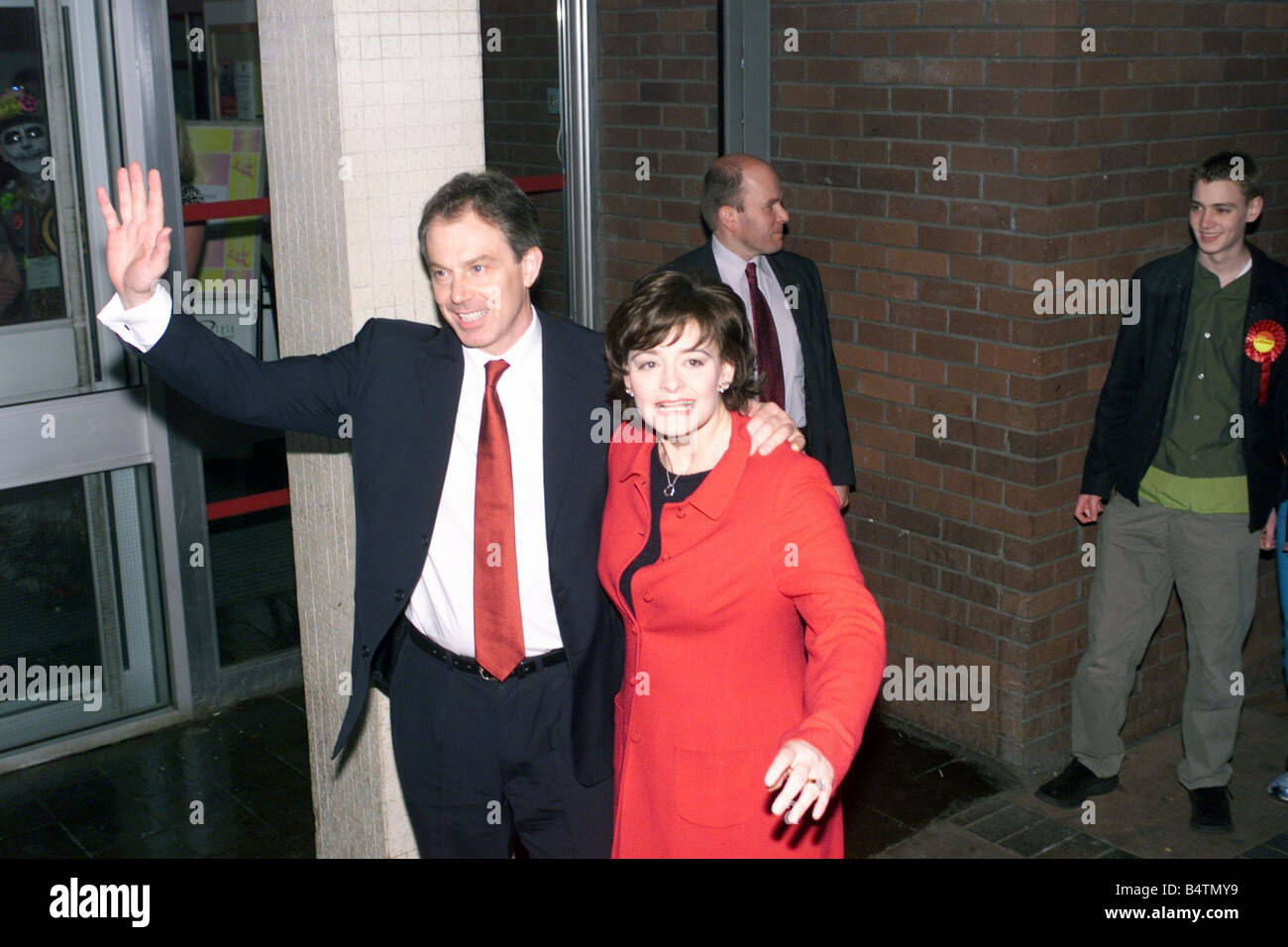 British Prime Minister Tony Blair June 2001 with his wife Cherie and Ewan Blair arrive for the count at the Sedgefield constiuency at Newton Aycliffe Leisure Centre Friday June 8 2001 for the General Election 2001 Stock Photo