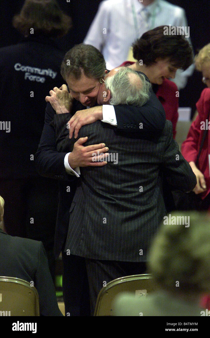 Prime Minister Tony Blair June 2001 hugs his father Leo Blair after