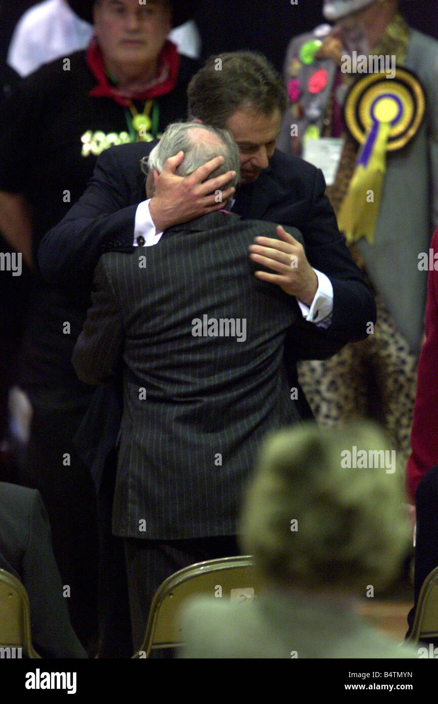 Prime Minister Tony Blair June 2001 hugs his father Leo Blair after
