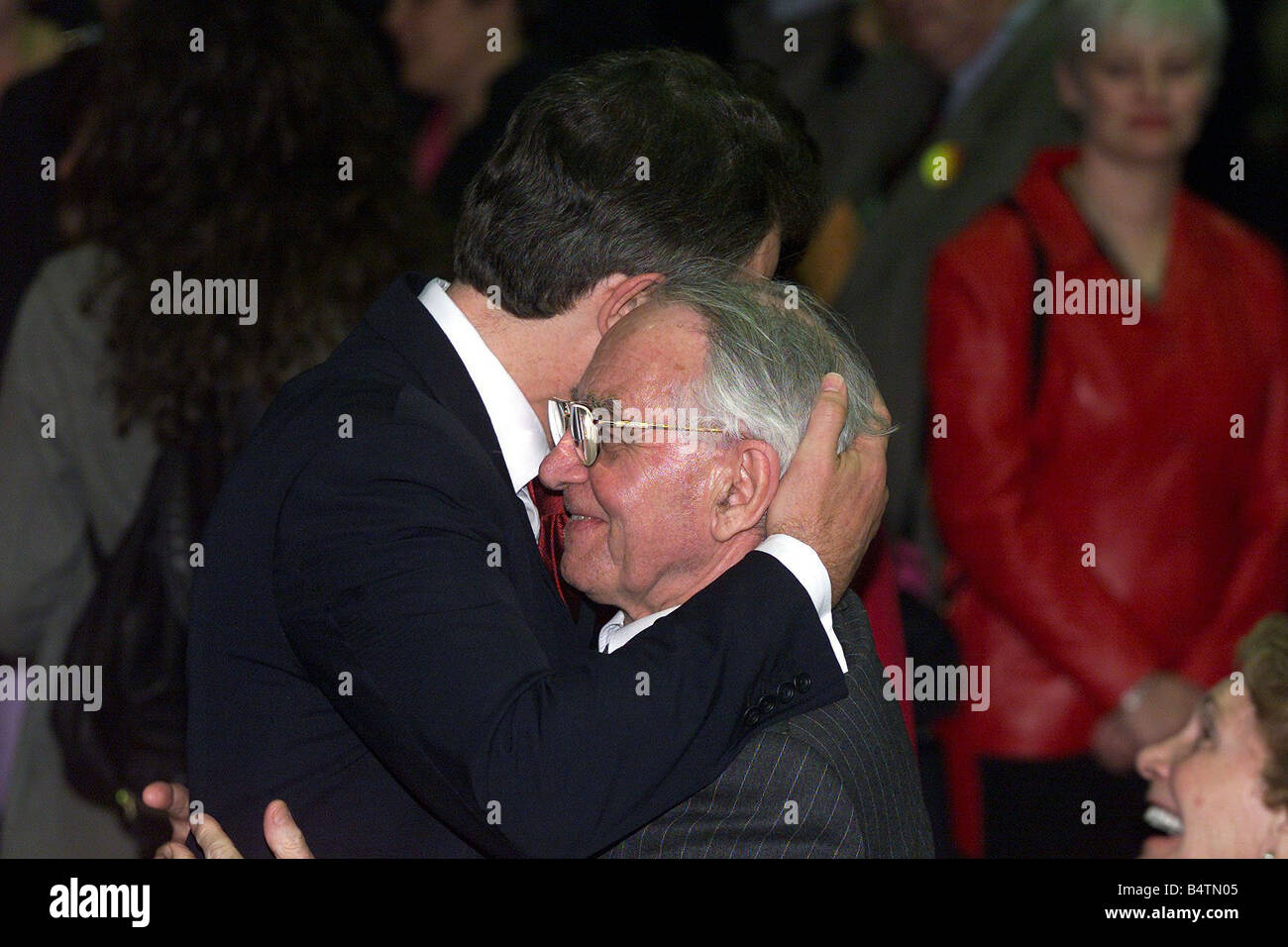 Prime Minister Tony Blair June 2001 hugs his father Leo Blair after
