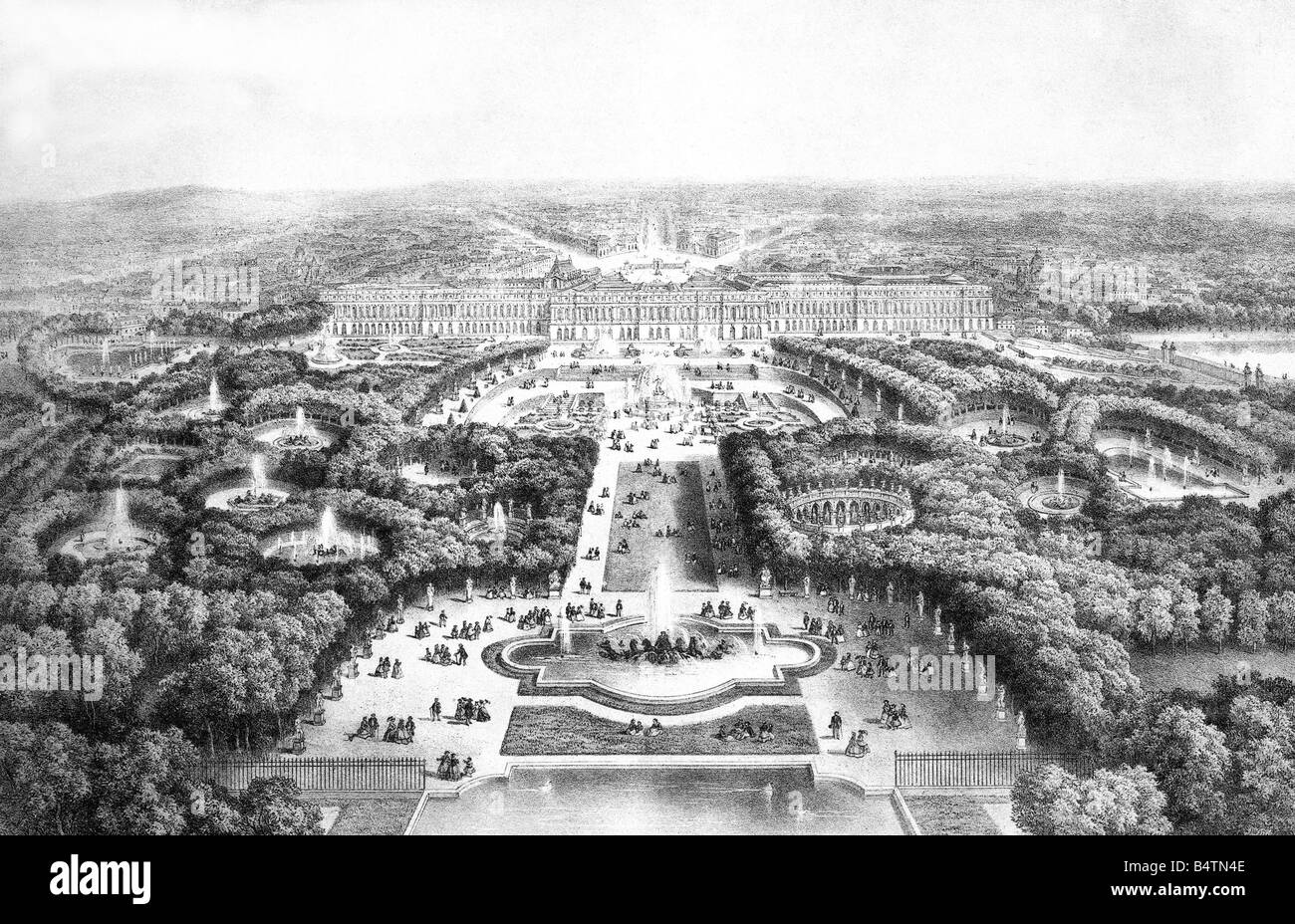 architecture, castles, Versailles Palace, view, lithograph, 19th century, park, historic, historical, people, Stock Photo