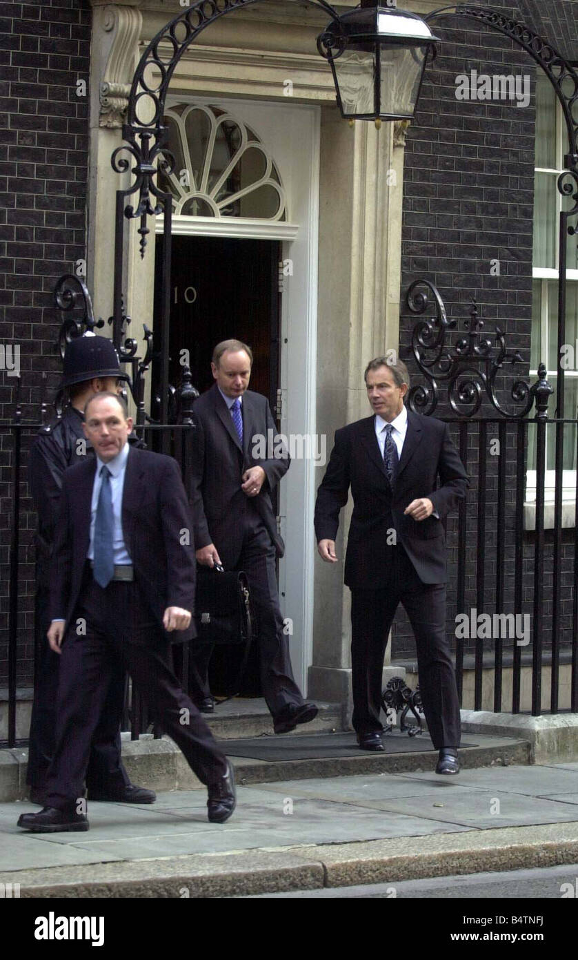 Tony Blair September 2002 PM Prime Minister leaves 10 Downing Street on morning when 50 Page Dossier was released 8am Iraqs Weapons Of Mass Destruction The Assessment Of The British Government 50 Page Dossier War On Iraq Stock Photo
