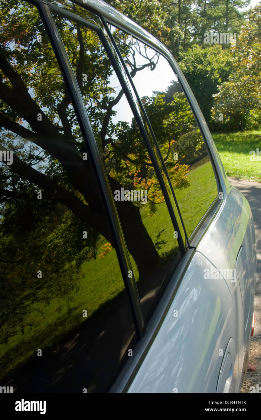 Arboretum reflected in windows of sport utility vehicle Stock Photo