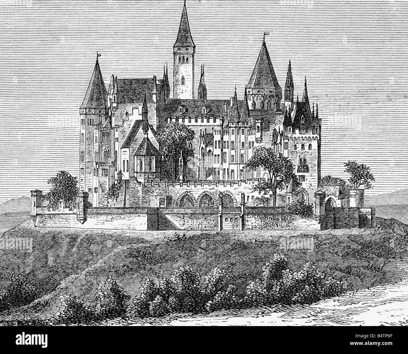 architecture, castles, Germany, Baden-Wuerttemberg, Hohenzollern Castle, built 1850 - 1867, architect: Friedrich August Stueler, wood engraving, circa 1870, Gothik Revival, 19th century, historic, historical, Baden-Wurttemberg, Baden - Wuerttemberg, Wurttemberg, Stuler, Stüler, Baden-Württemberg, Württemberg, Stock Photo