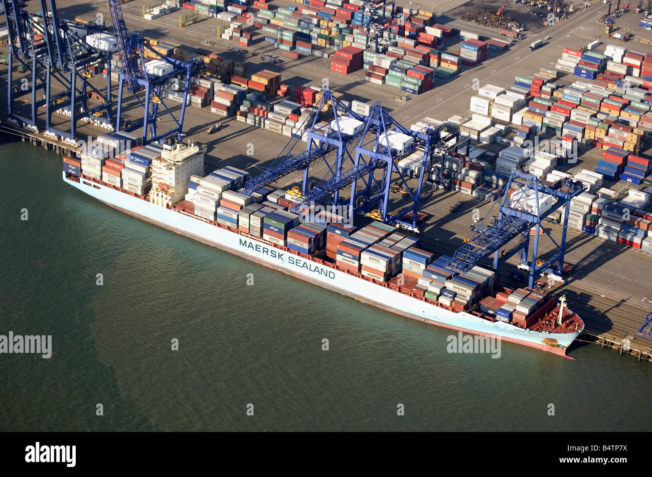 The Maersk Dallas at Felixstowe Port UK.Aerial view Stock Photo