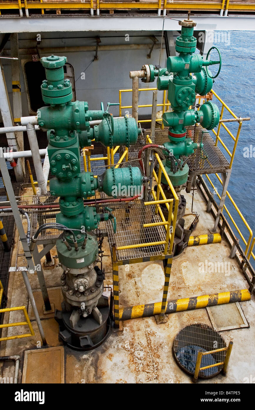Well head area of offshore oil and gas production marine rig off coast of Gabon Stock Photo
