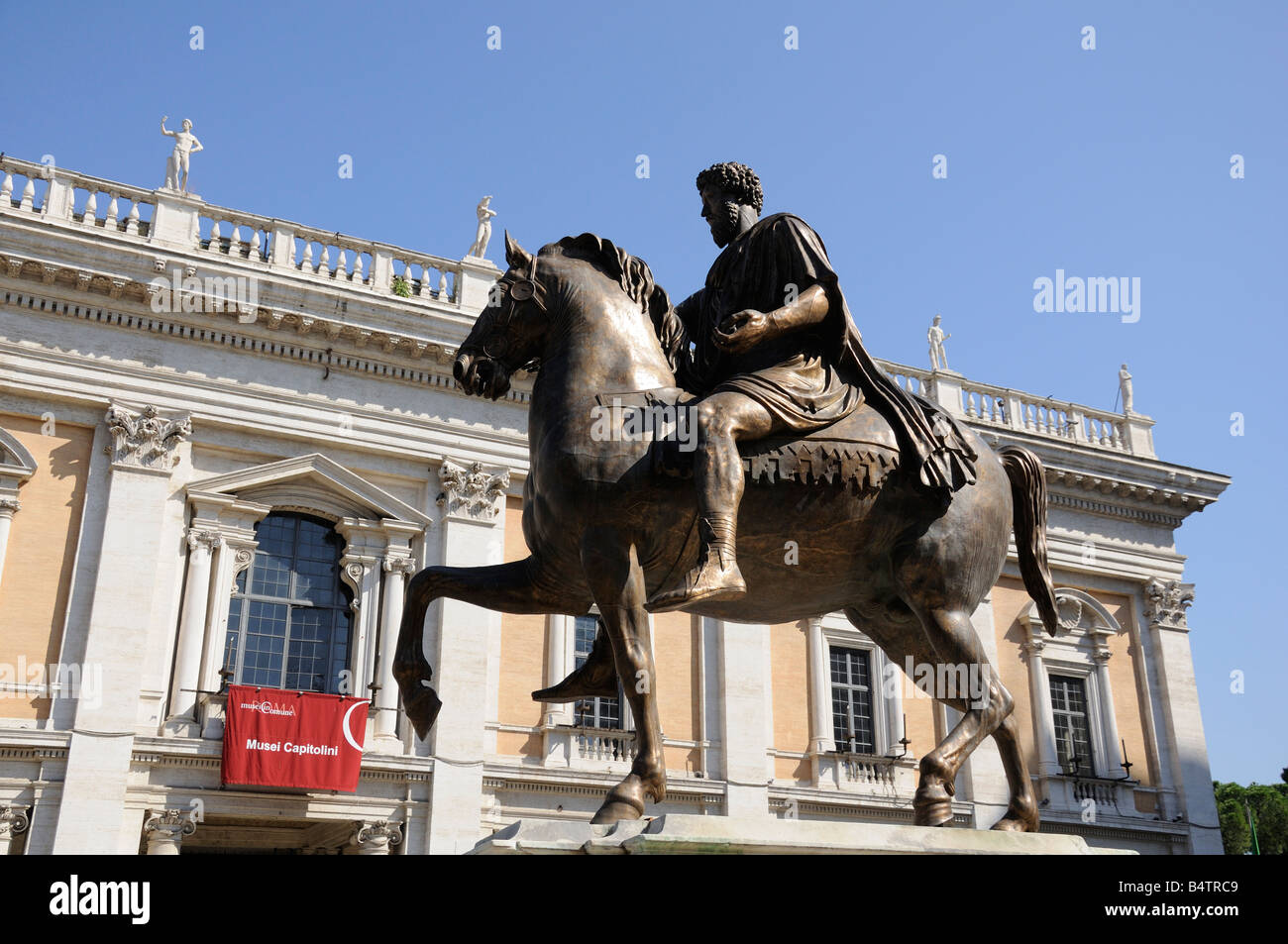 Marcus Aurelius on his horse statue atop the Capitoline Hill in Rome. Stock Photo
