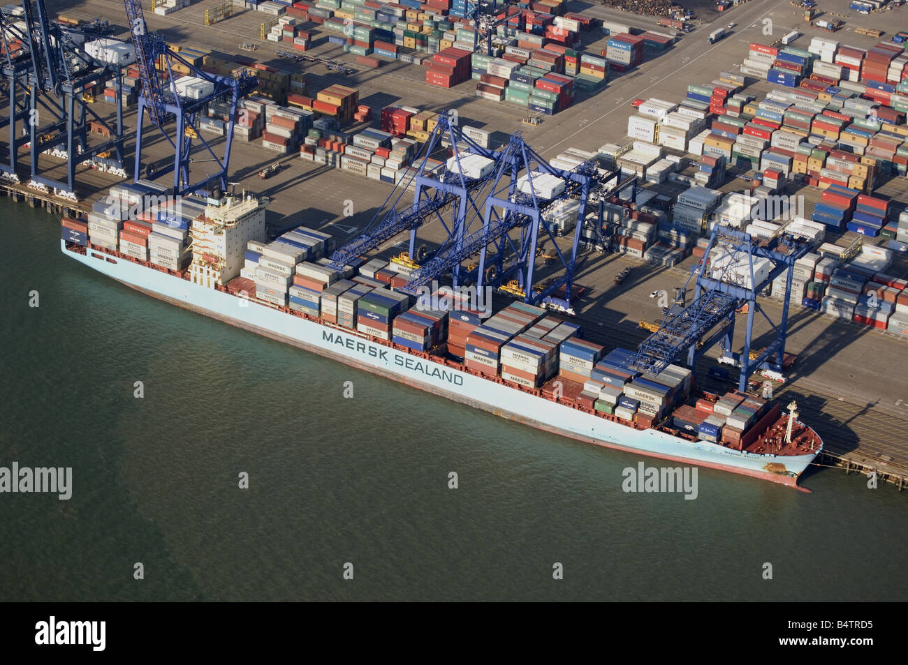 The Maersk Dallas of the Maersk Line at Felixstowe Port UK.Aerial view Stock Photo